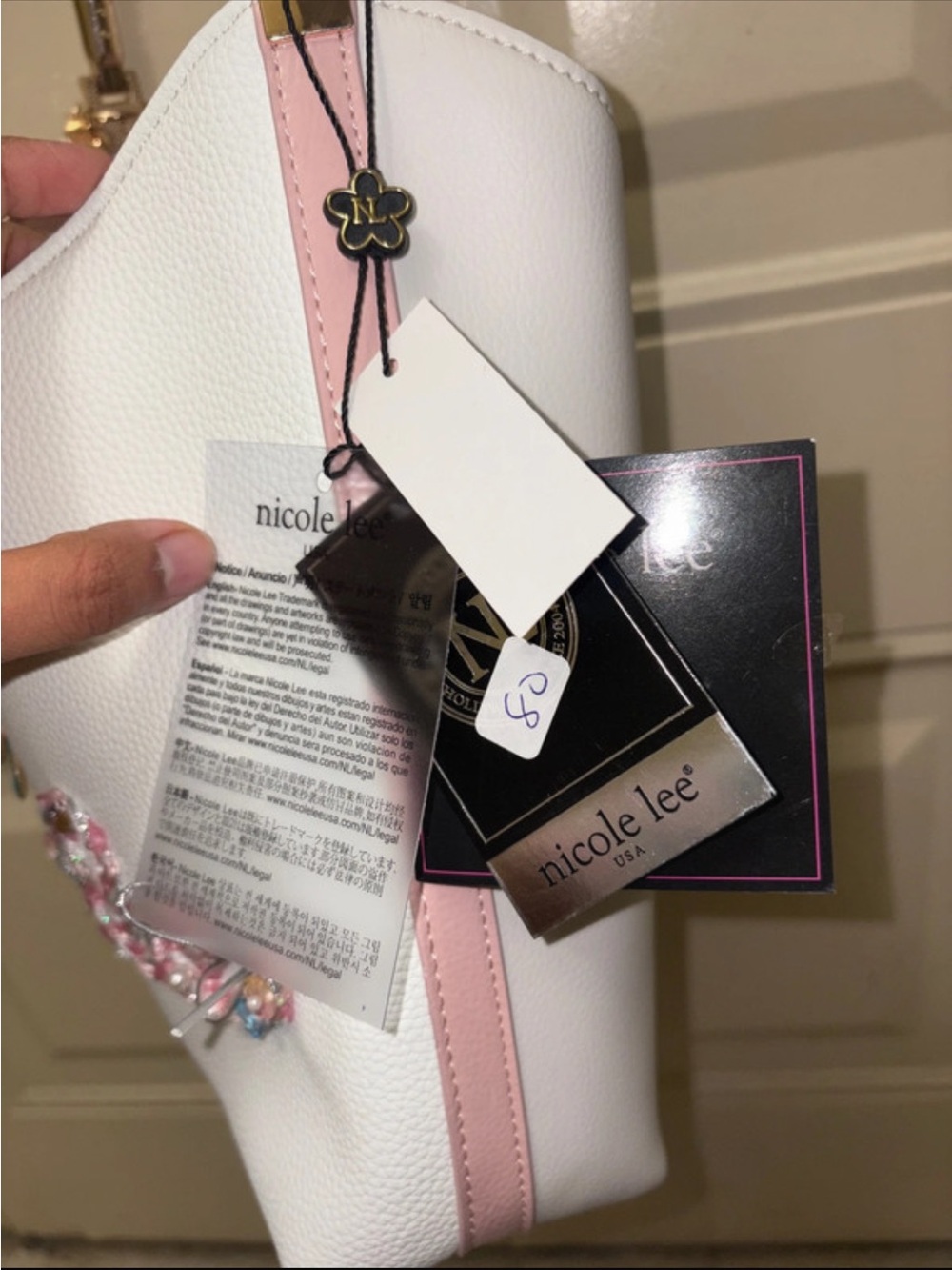 Nicole Lee White and Light Pink Pebbled Wristlet with Charm
